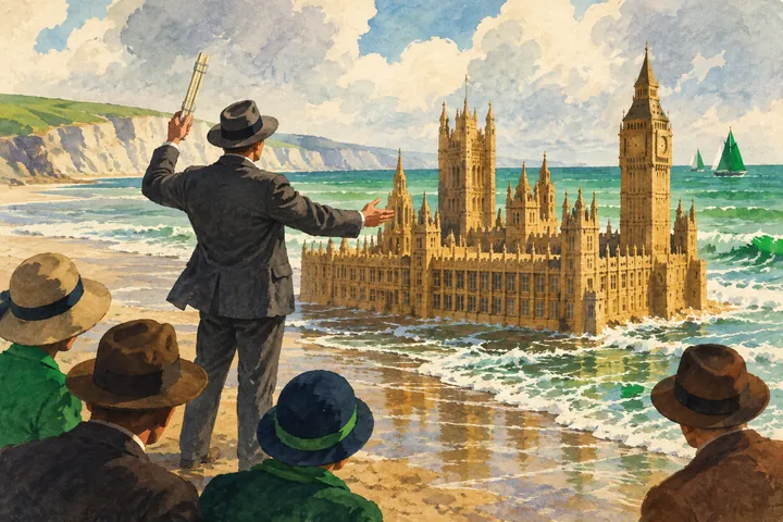 Illustration: a man in a suit proudly shows off a sandcastle Houses of Parliament with a slide rule while the tide washes in.