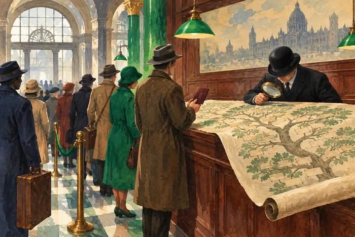 Illustration: at a passport office counter, a clerk ignores the passport and studies a huge family tree through a magnifying glass.