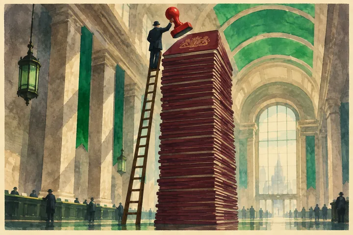 Illustration: a clerk on a ladder brings a giant rubber stamp down on a tower of passports in an echoing government hall.