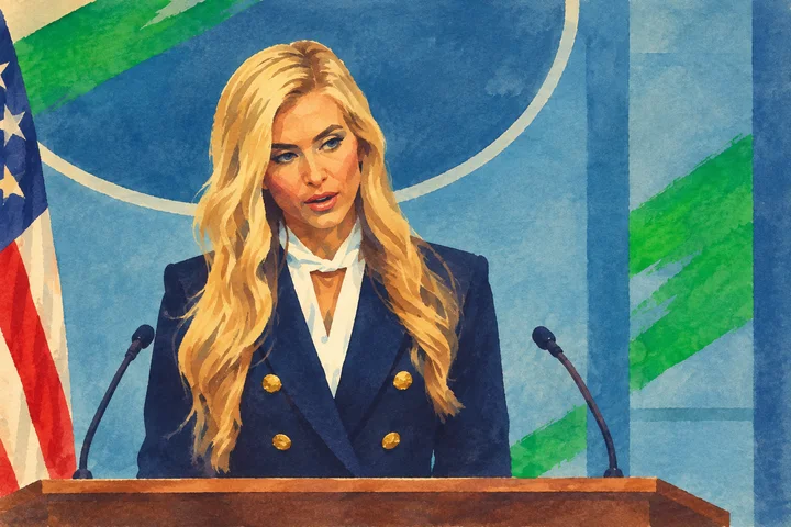 Watercolour illustration of Katie Zacharia speaking at the White House briefing room lectern.