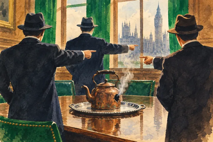 Illustration: three men in suits point at each other around a table with a battered kettle that has a hole in it.