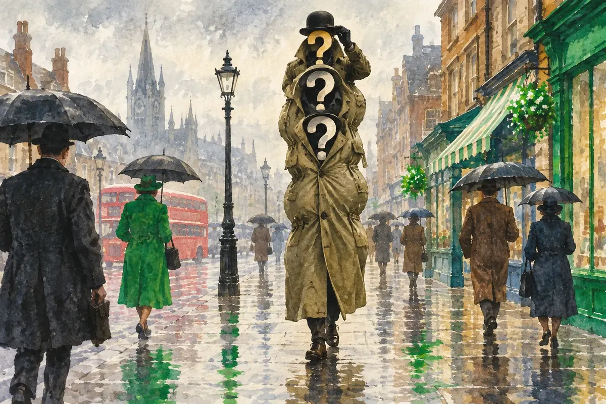 Illustration: a trench coat walking down a rainy English high street, worn by three stacked figures whose heads are question marks, the top one in a bowler hat. Nobody notices.