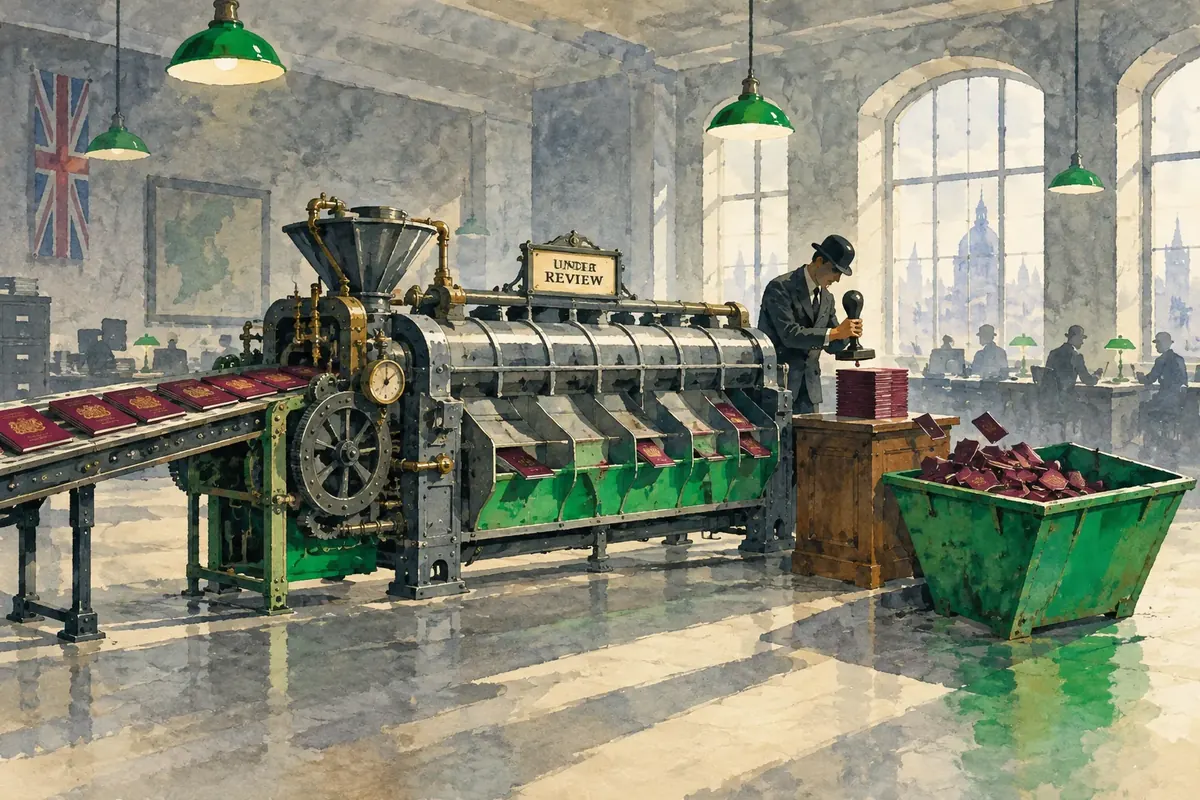 Illustration: a clerk in a bowler hat at a Victorian sorting machine marked 