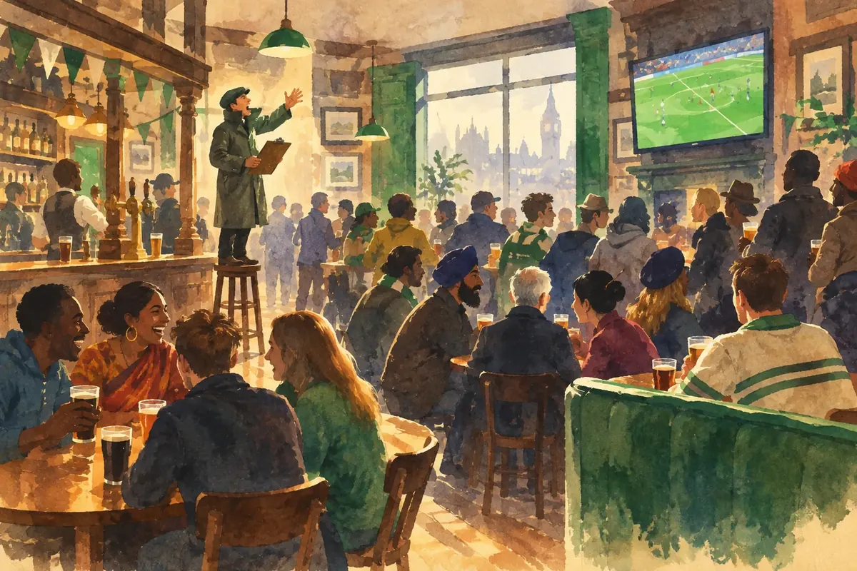 Illustration: a busy modern pub full of people of many backgrounds laughing and watching football, while one small man in a raincoat stands on a bar stool with a clipboard, shouting a question nobody is listening to.