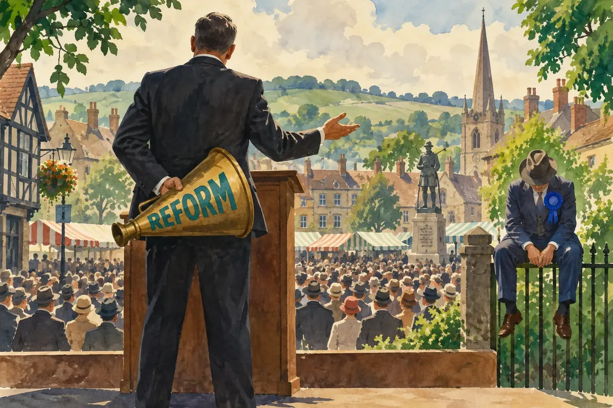 Illustration: a speaker seen from behind gestures politely to a crowd in a market square while hiding behind his back a brass megaphone with REFORM painted on it; a man in a blue rosette sits on a railing nearby, face hidden under his hat.