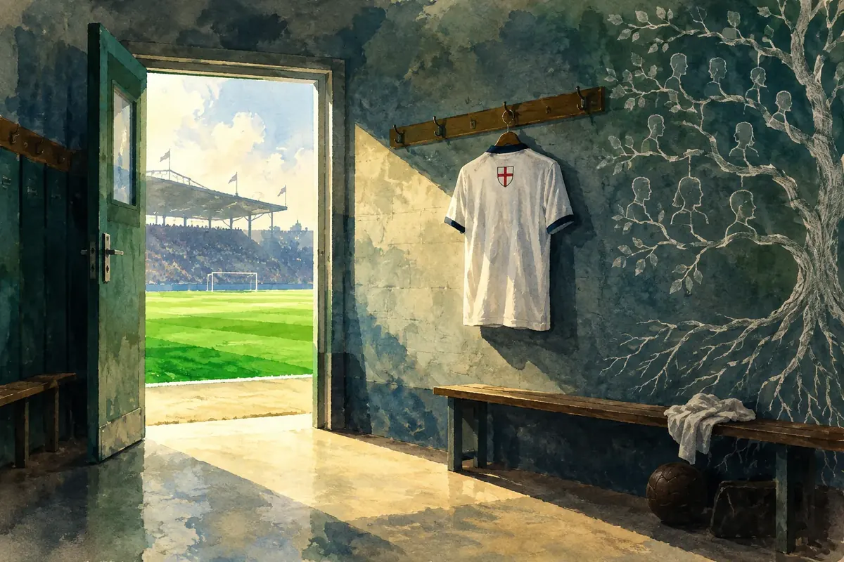 Illustration: a white England shirt with no name or number hangs on a dressing-room peg, floodlight spilling in from the pitch, a family tree drawn in chalk on the wall beside it.
