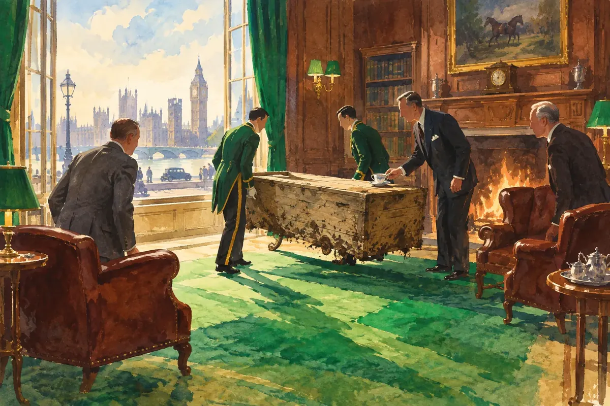 Illustration: in an oak-panelled gentlemen's club overlooking Westminster, footmen carry a battered, muddy soapbox in from the street and set it by the fire while gentlemen in suits make room and one puts a cup of tea on it.